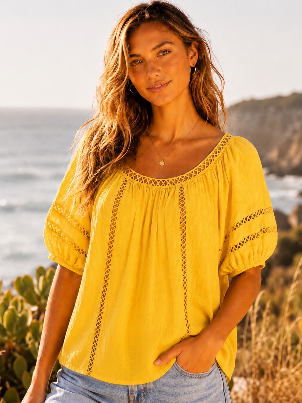MNK Yellow Boho Peasant Blouse Size M Cotton Crochet Puff Sleeve Relaxed Fit